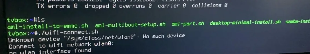 Terminal Linux mostrando scripts e mensagem de ausência de interface Wi-Fi